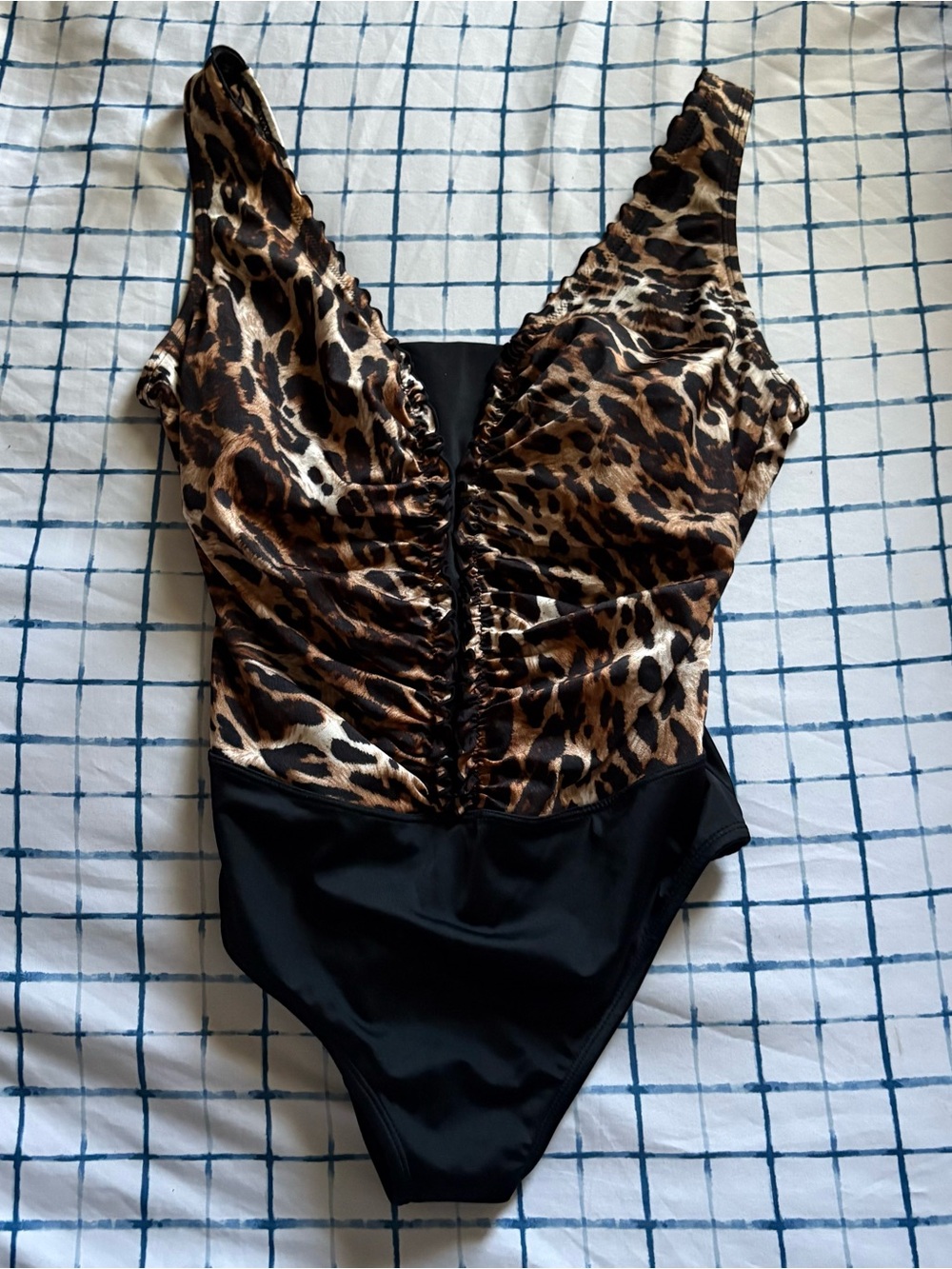 Longitude Leopard & Black Ruched Front One Piece Swimsuit Women's Size 12